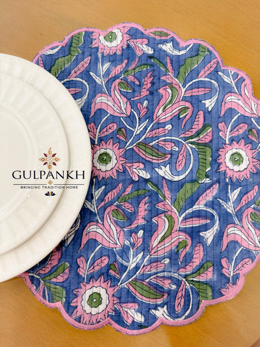 Hand Block Printed Quilted Scalloped Cotton Reversible Placemats - Midnight Petal | Gulpankh Canada