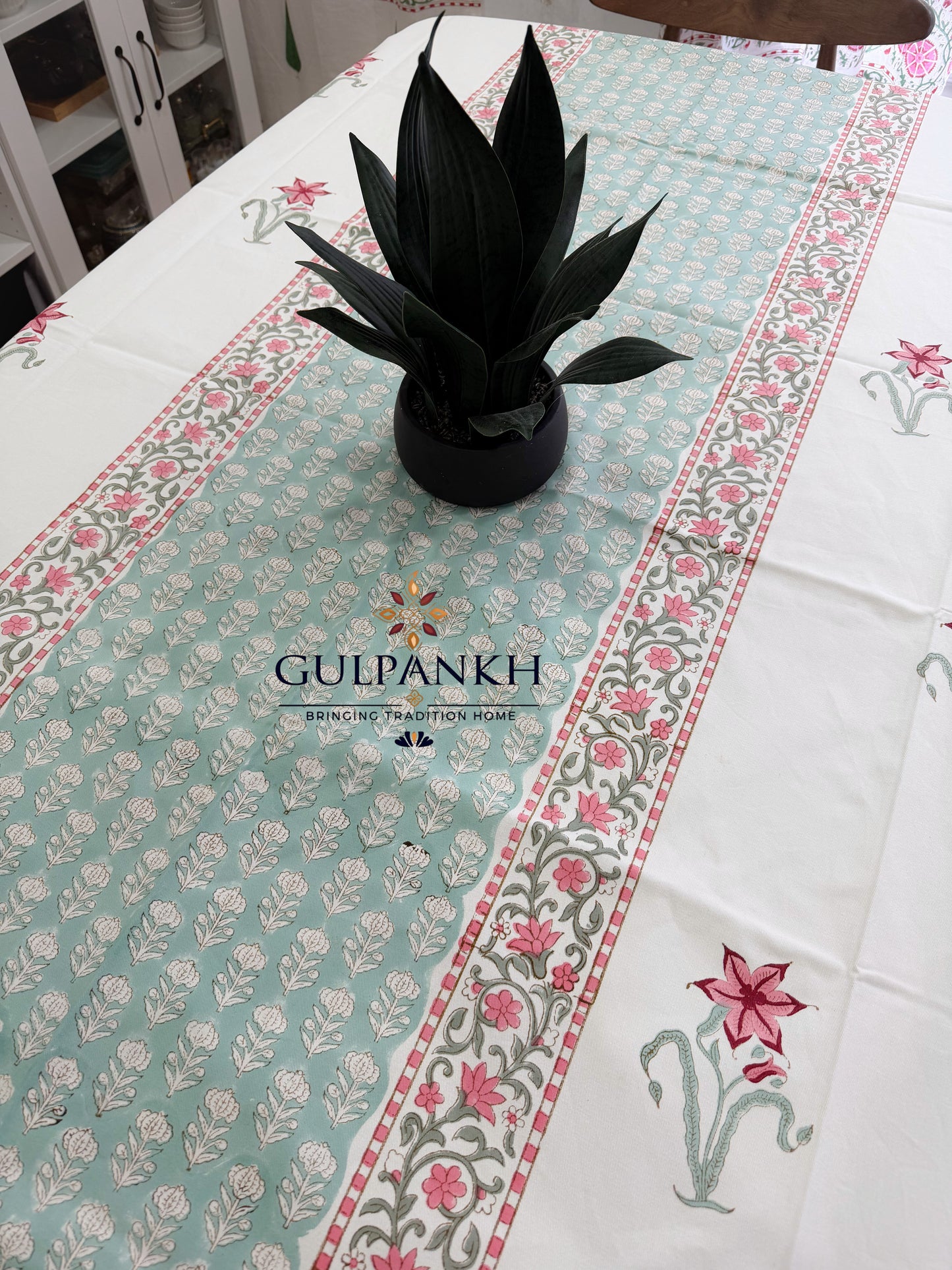 Hand Block Printed Cotton Table Cover - Mint Blossom Garden | Gulpankh Canada