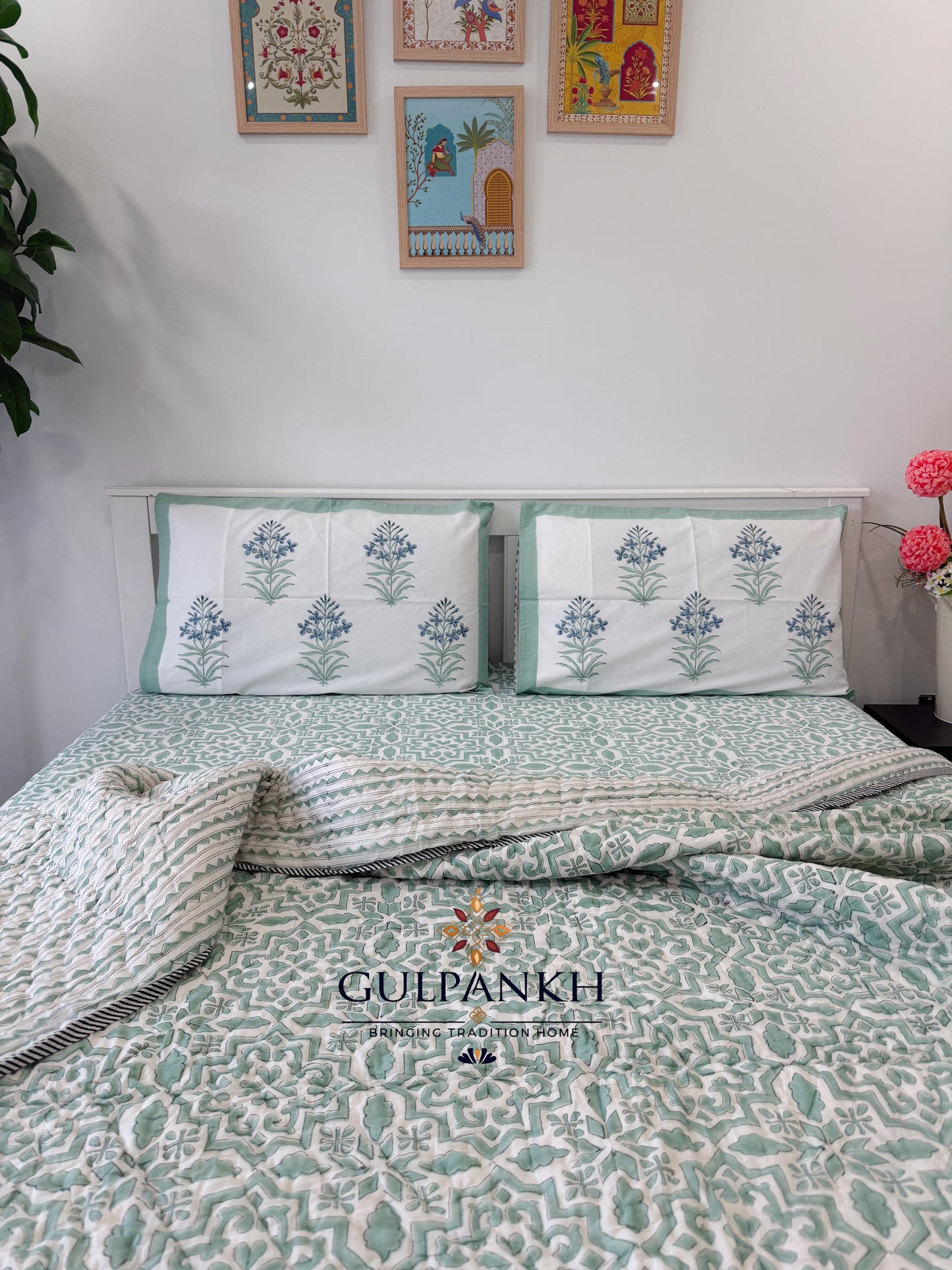 Hand Block Printed Cotton Bedding Set with Quilt - Mint Courtyard Luxe | Gulpankh Canada