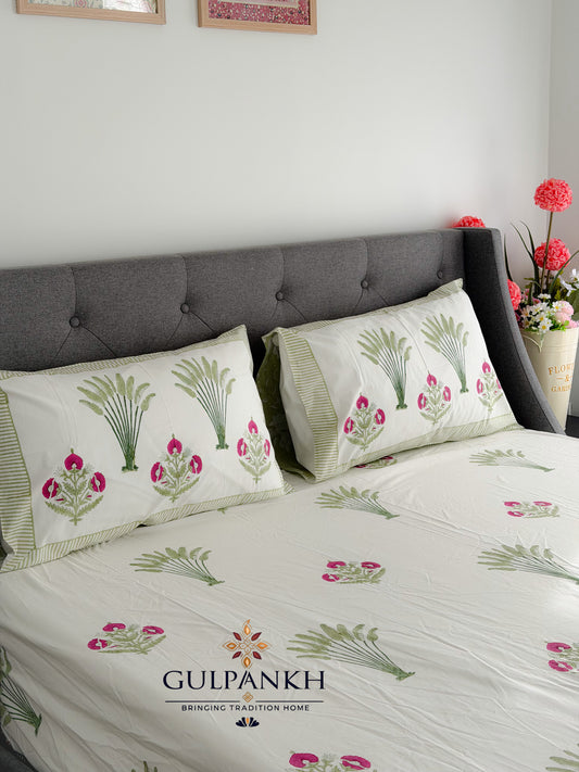Lotus Meadow Hand Block Printed Flat Bedsheet | Gulpankh Canada
