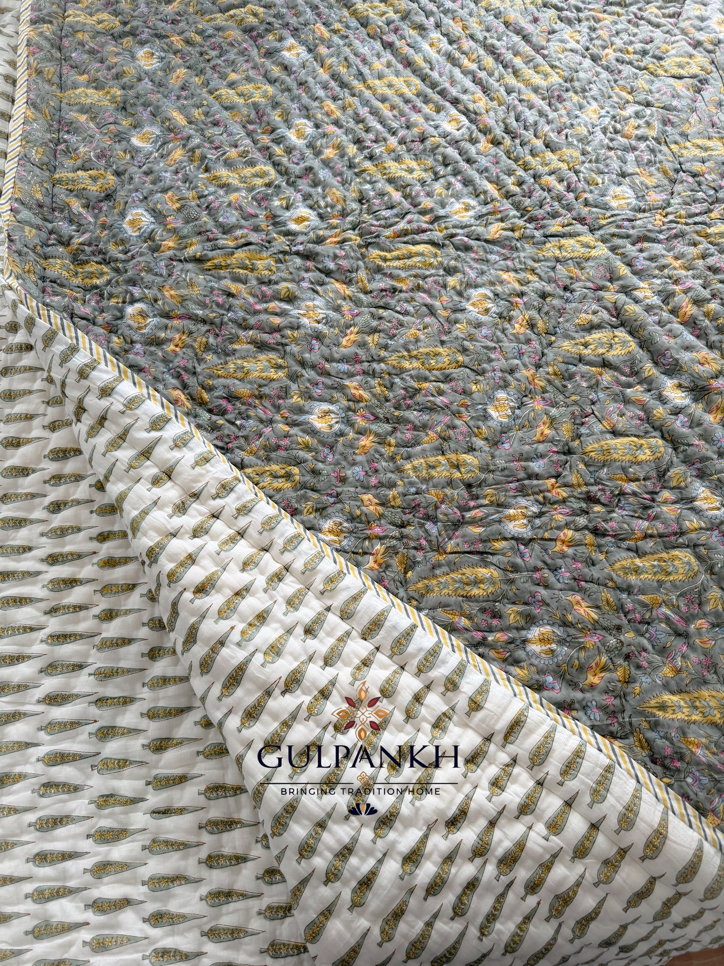 Hand Block Printed Cotton Quilt - Olive Gulzar | Gulpankh Canada