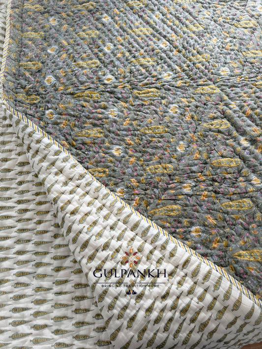 Hand Block Printed Cotton Quilt - Olive Gulzar | Gulpankh Canada