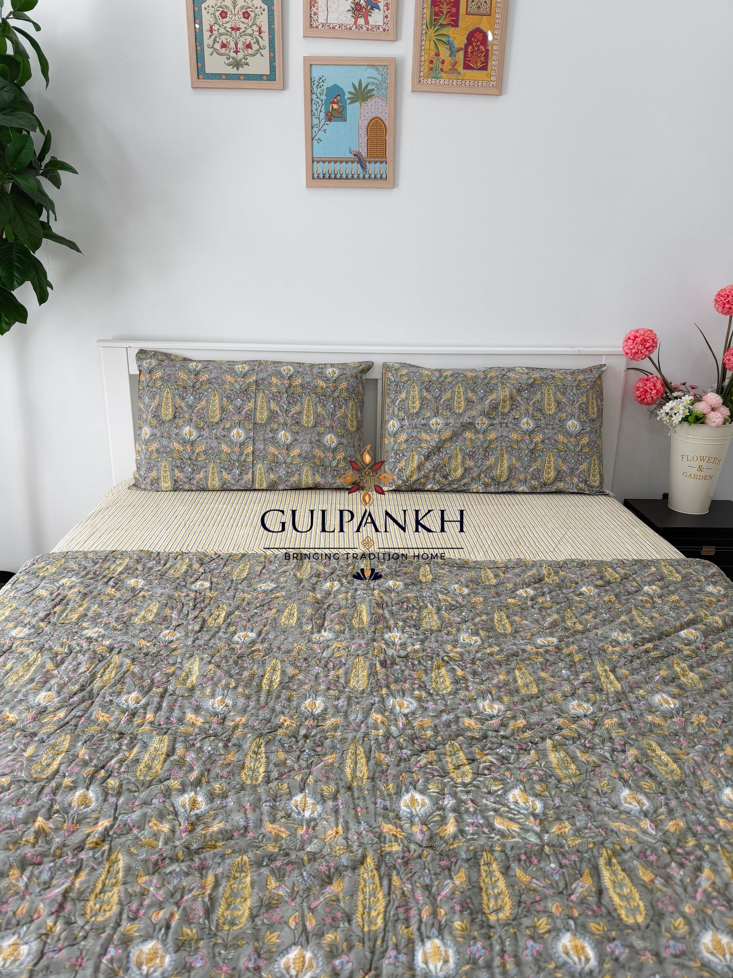 Hand Block Printed Cotton Bedding Set with Quilt - Vintage Olive Botanica | Gulpankh Canada