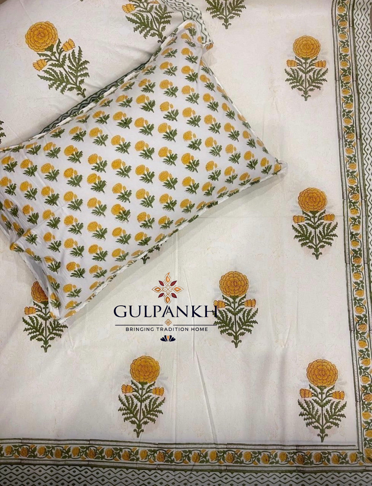Marigold Bloom Hand Block Printed Fitted Bedsheet | Gulpankh Canada