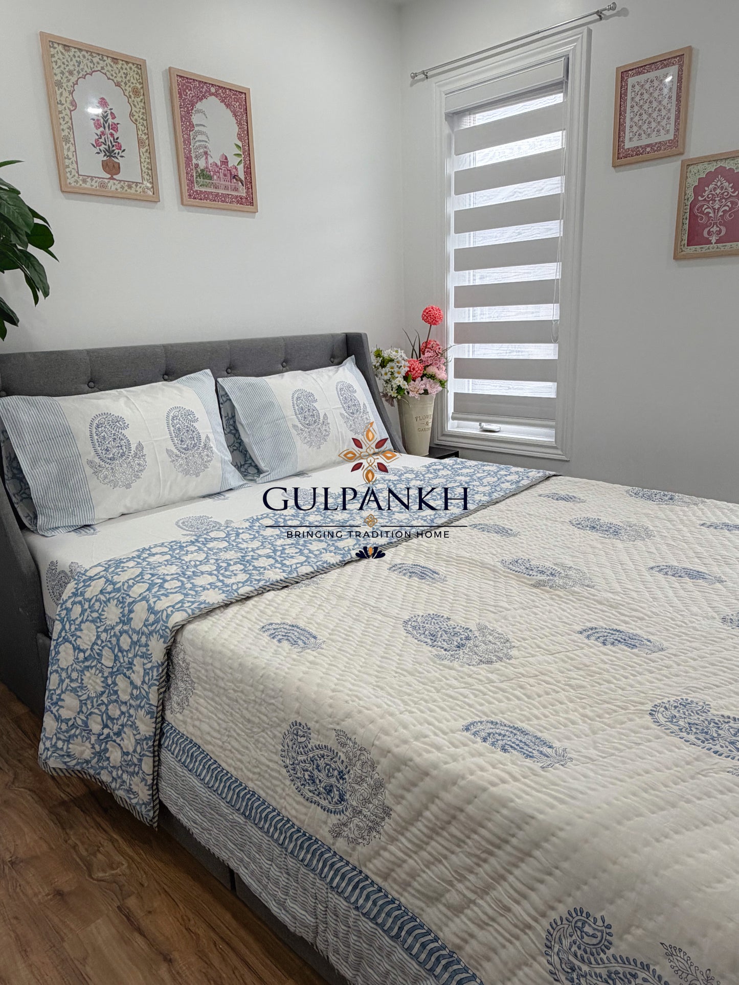 Hand Block Printed Cotton Bedding Set with Quilt - Neel Paisley Garden | Gulpankh Canada