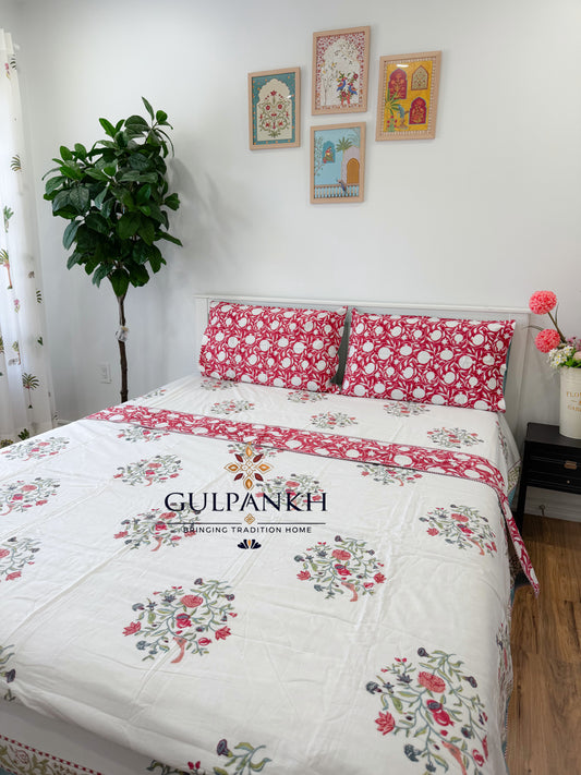 Hand Block Printed Cotton King Fitted Bedsheet with Matching Dohar - Rosé Garden | Gulpankh Canada