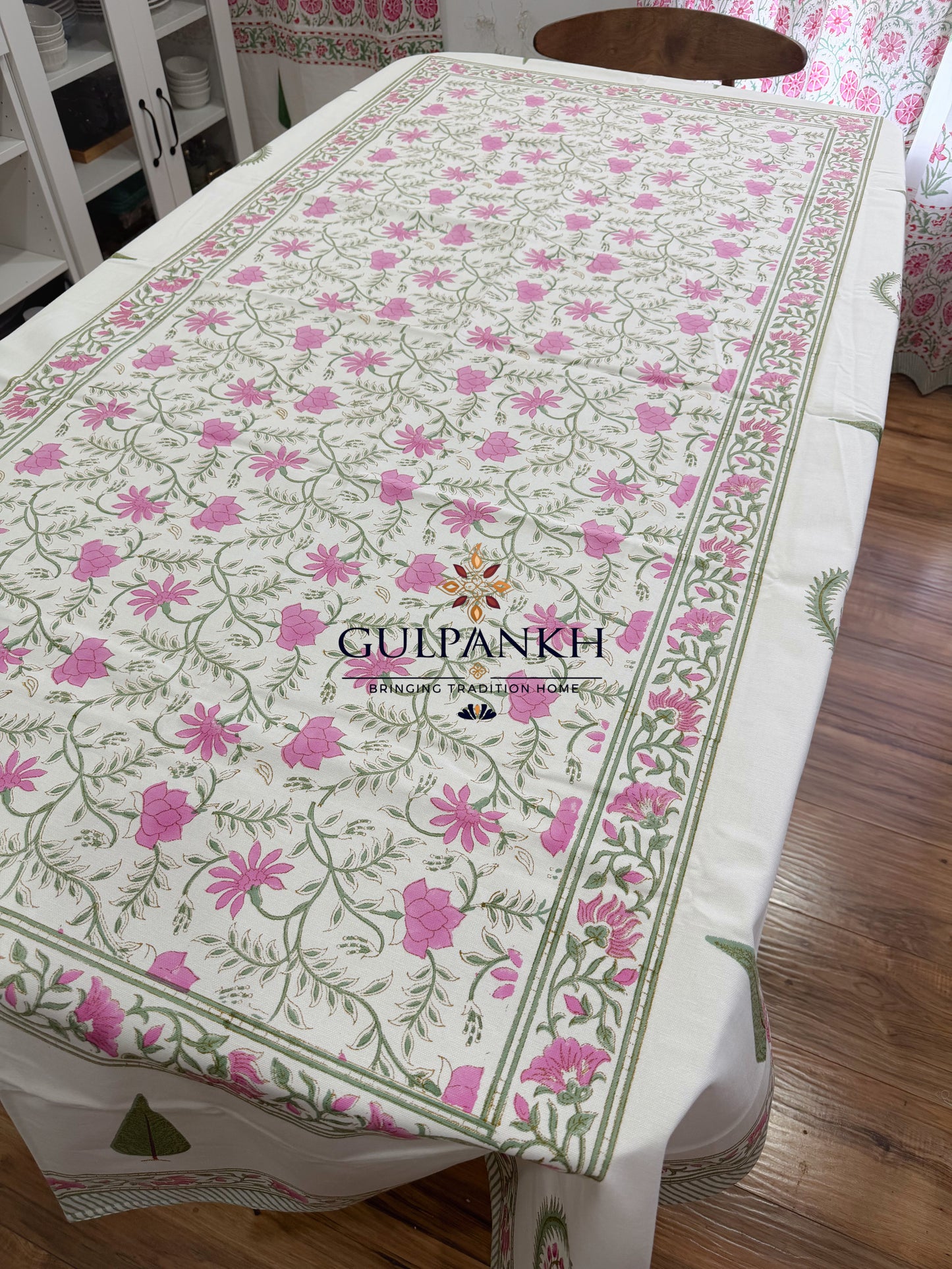 Hand Block Printed Cotton Table Cover - Pink Blossom Garden | Gulpankh Canada