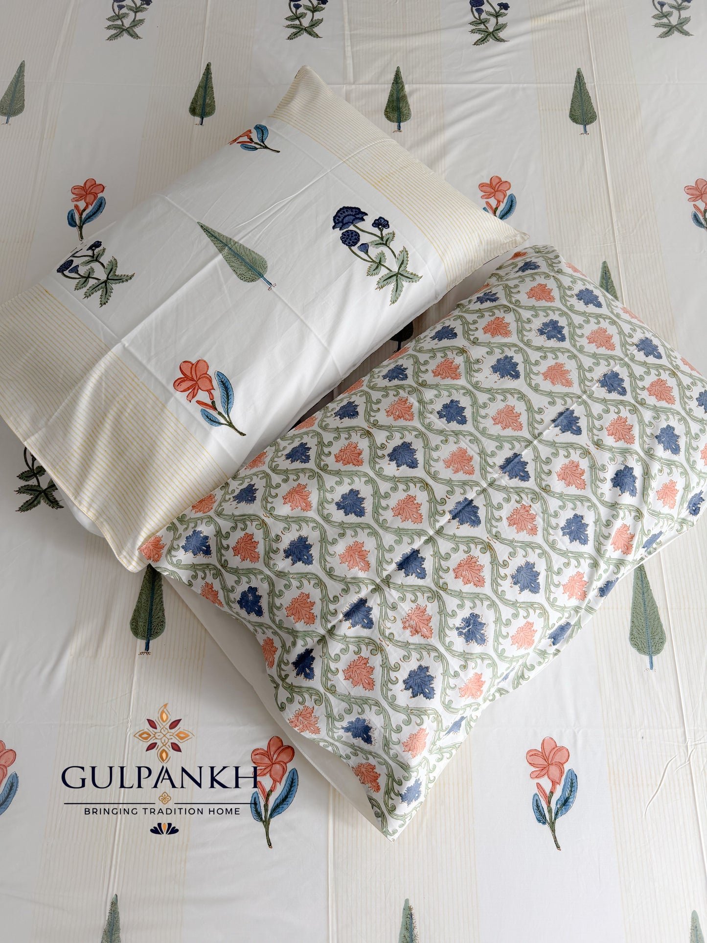 Vriksha Buta Hand Block Printed Flat Bedsheet | Gulpankh Canada