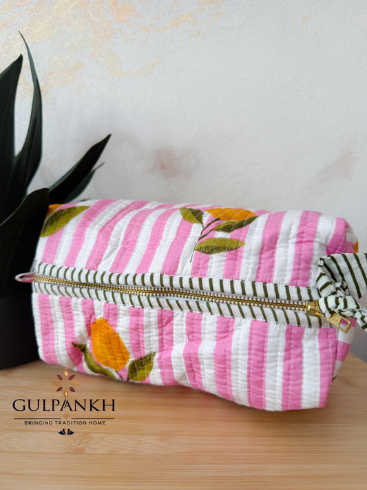 Hand Block Printed Quilted Vanity Bag – Pink Citrus Bloom | Gulpankh Canada