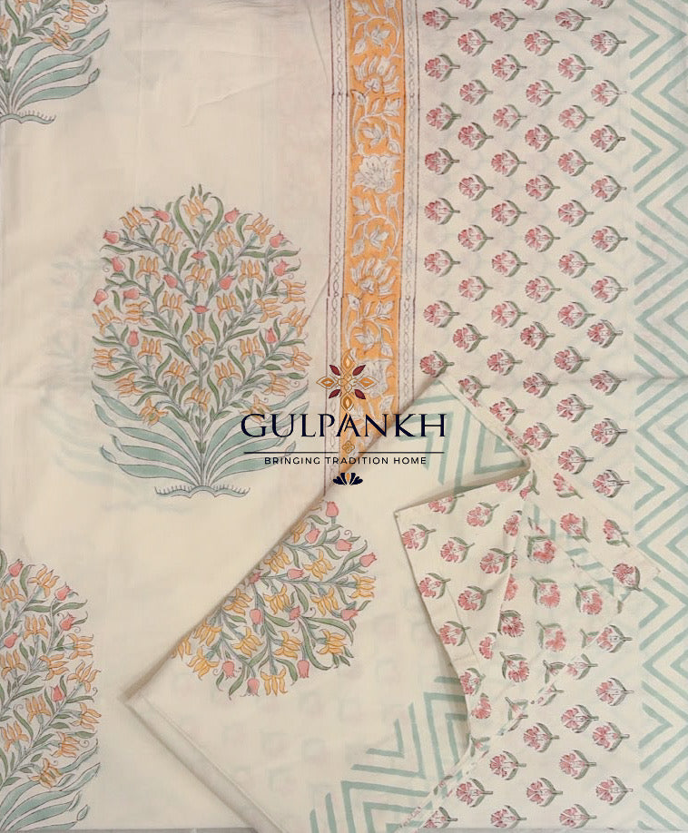 Hand Block Printed 100% Cotton Queen Fitted Bedsheet – Peach Aqua Blossom | Gulpankh Canada