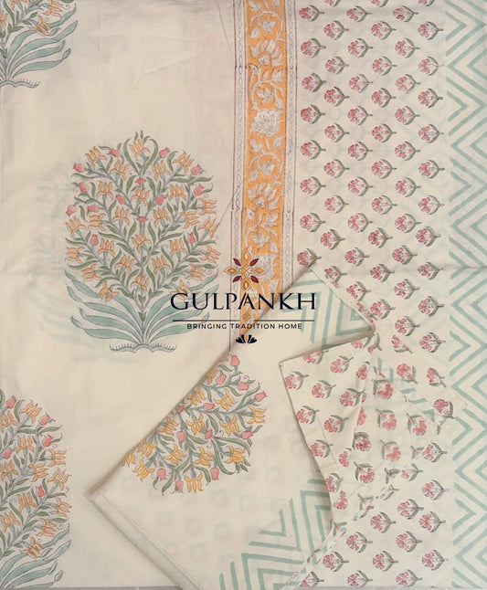 Hand Block Printed 100% Cotton Queen Fitted Bedsheet – Peach Aqua Blossom | Gulpankh Canada