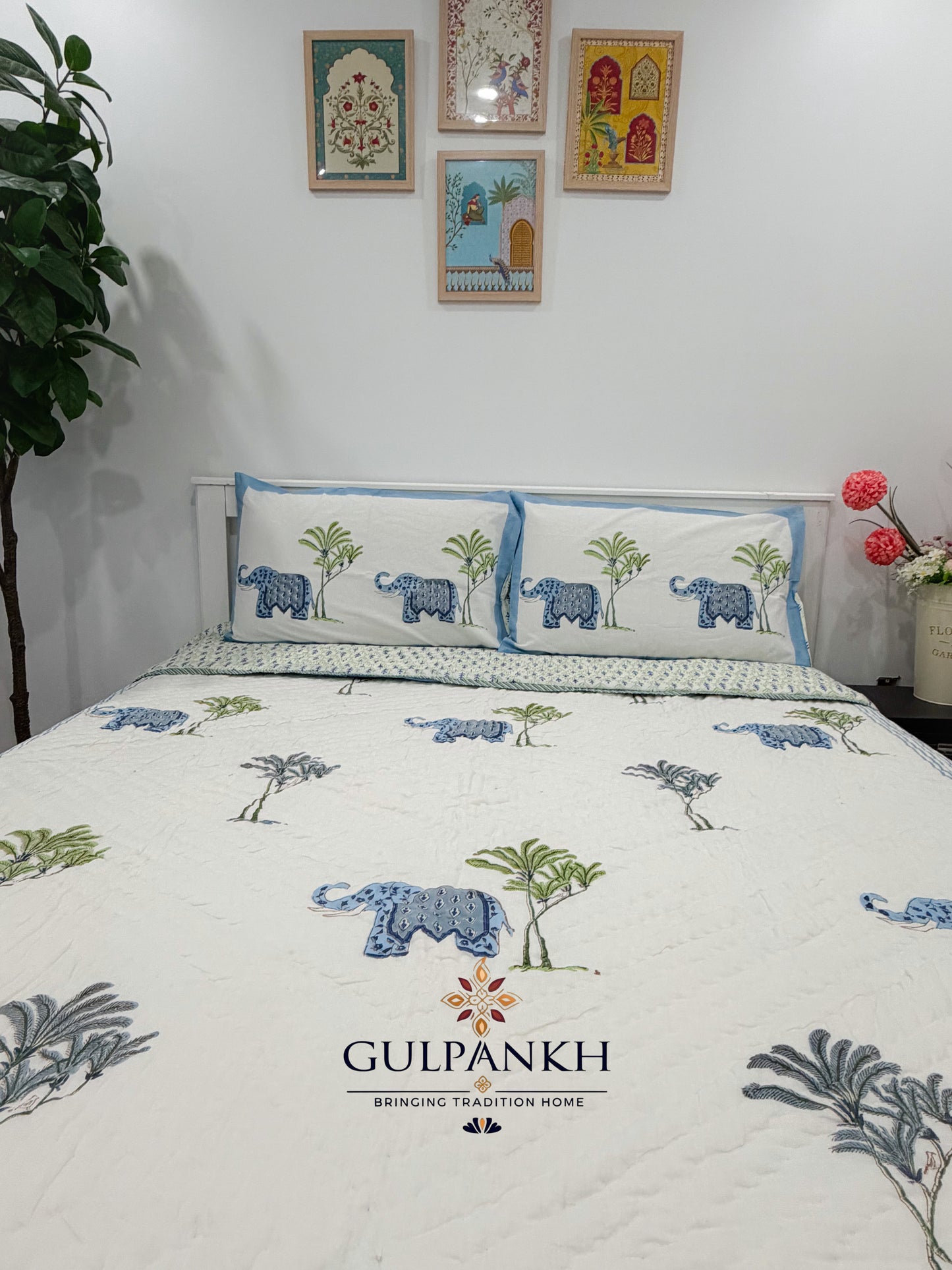 Hand Block Printed Cotton Quilt - Blue Elephant Parade | Gulpankh Canada