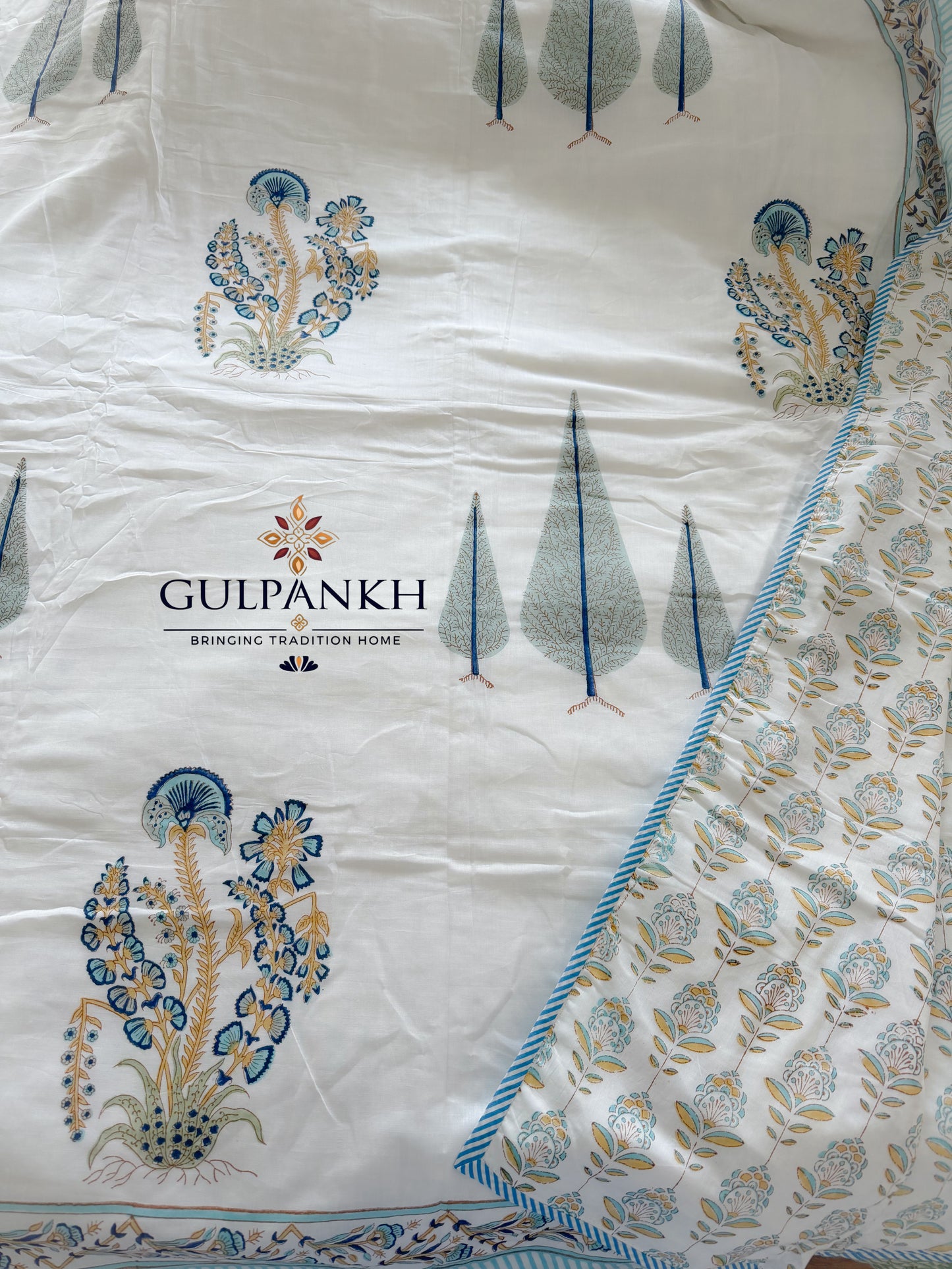 Hand Block Printed Mulmul Cotton Dohar - Neel Vriksha Blossom| Gulpankh Canada