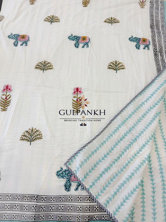 Hand Block Printed Mulmul Cotton Dohar - Royal Caravan Bloom | Gulpankh Canada