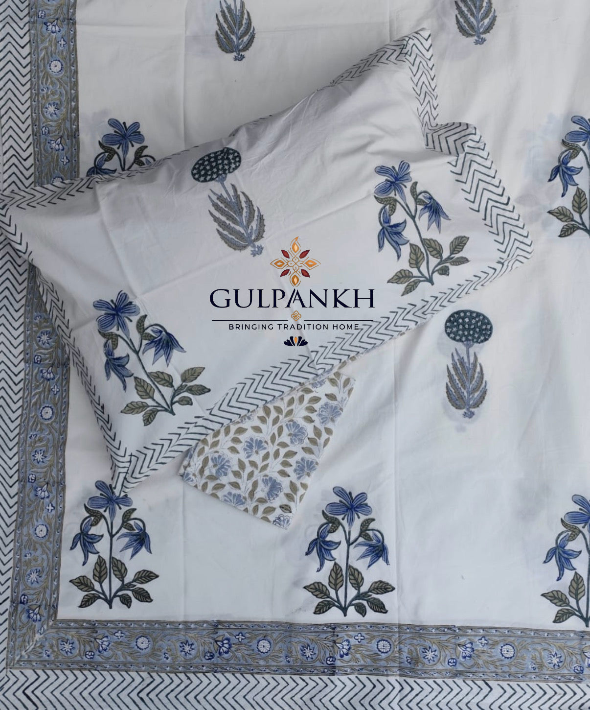 Blue Botanica Hand Block Printed Fitted Bedsheet | Gulpankh Canada