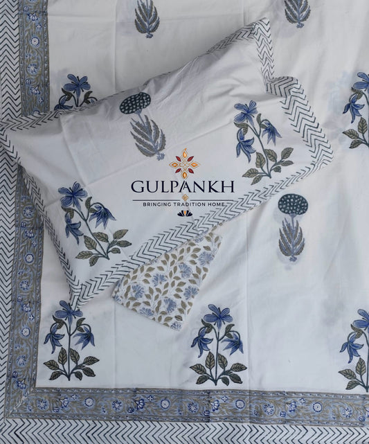 Blue Botanica Hand Block Printed Fitted Bedsheet | Gulpankh Canada