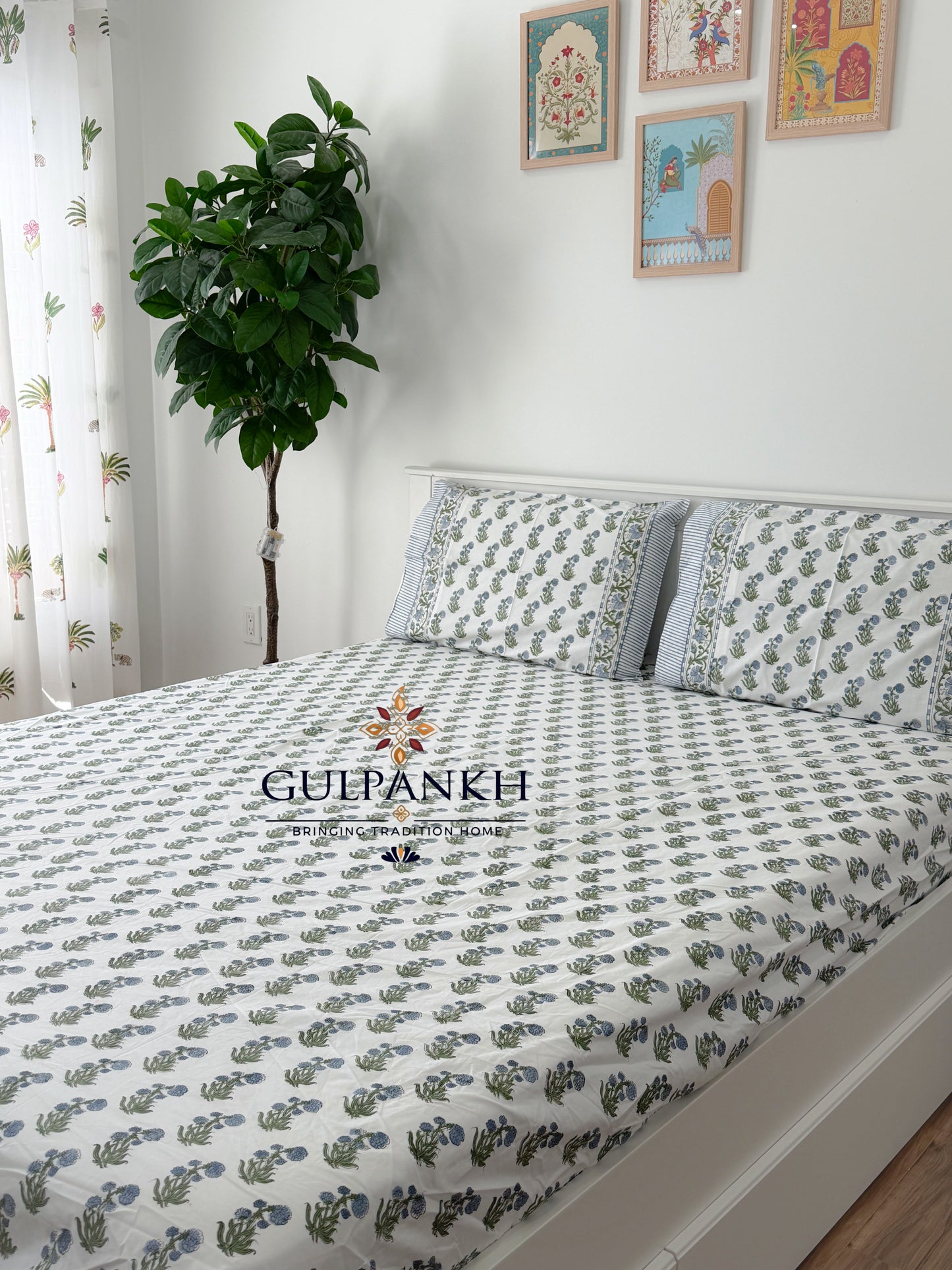 Hand Block Printed King Fitted Bedsheet - Azure Blossom | Gulpankh Canada