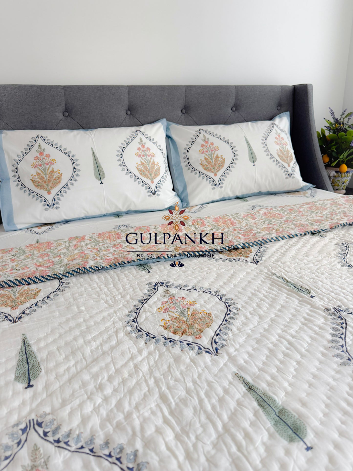 Hand Block Printed Cotton Queen Bedding Set with Quilt - Aafreen Ivory Bloom | Gulpankh Canada