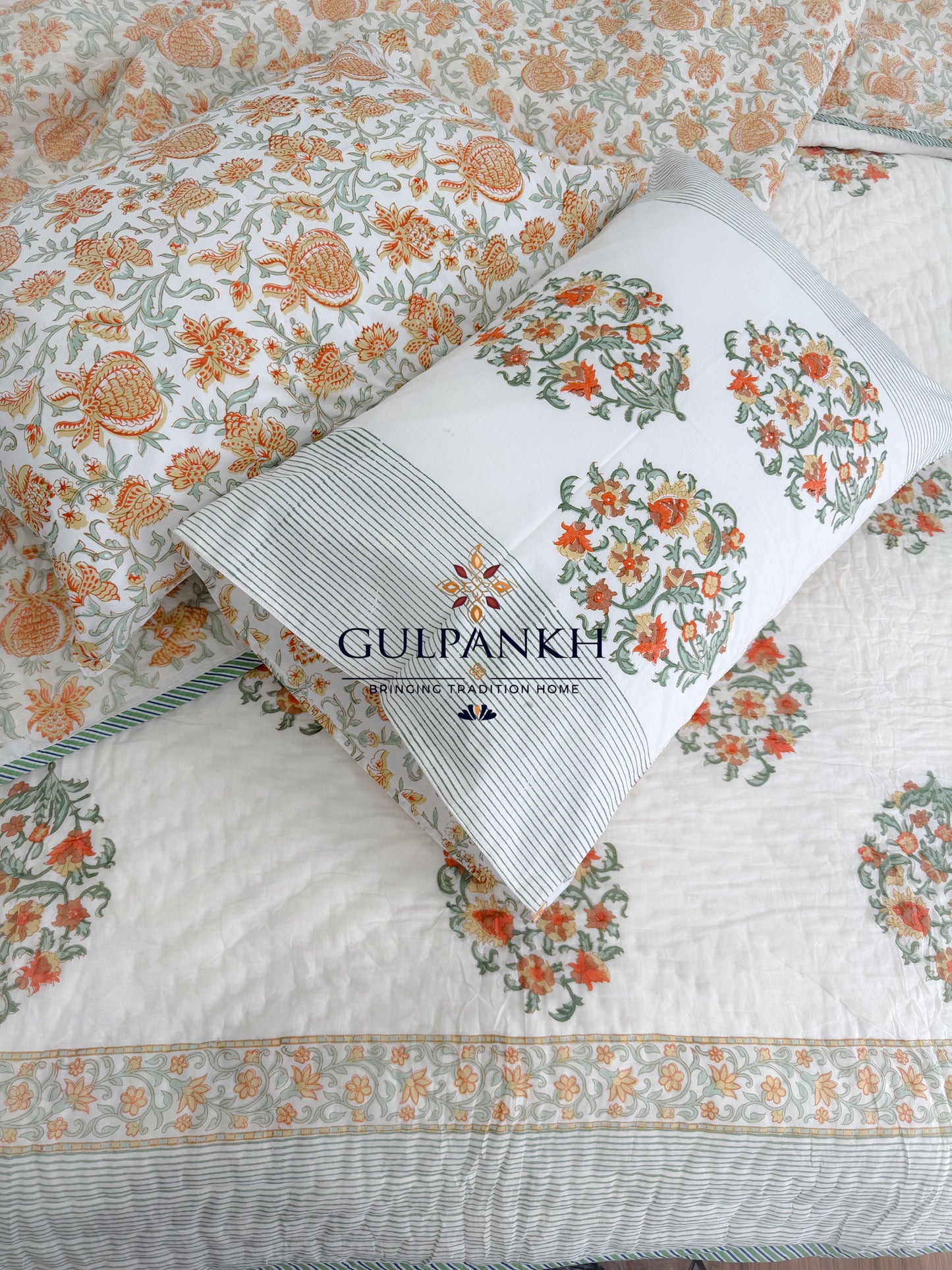 Hand Block Printed Cotton Quilt - Kesariya Blossom Vine | Gulpankh Canada