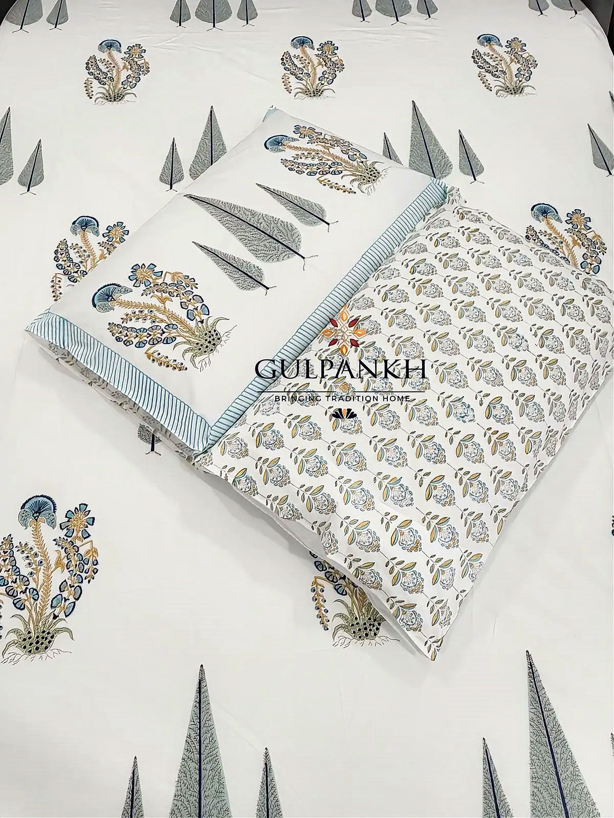 Hand Block Printed Queen Fitted Bedsheet - Neel Firdaus Grove | Gulpankh Canada