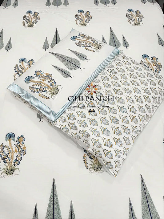 Hand Block Printed 100% Cotton Queen Fitted Bedsheet - Neel Firdaus Grove | Gulpankh Canada