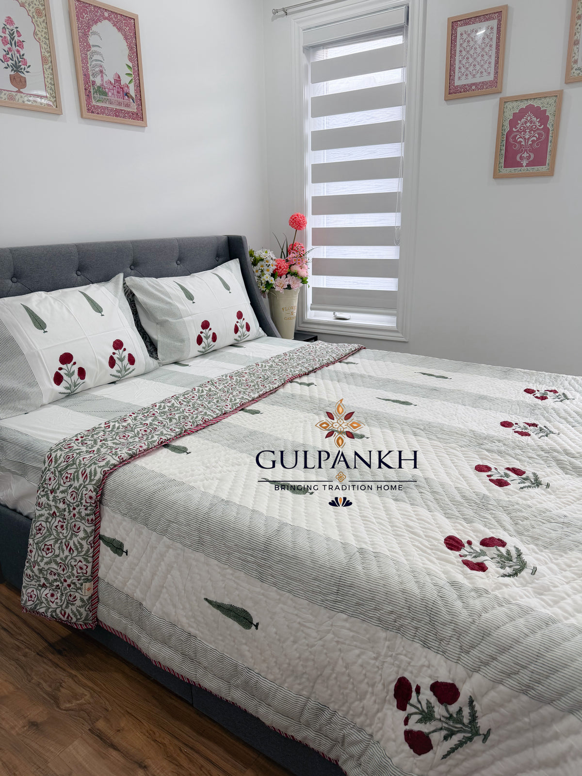 Hand Block Printed Cotton Bedding Set with Quilt - Gulnaar Cypress | Gulpankh Canada