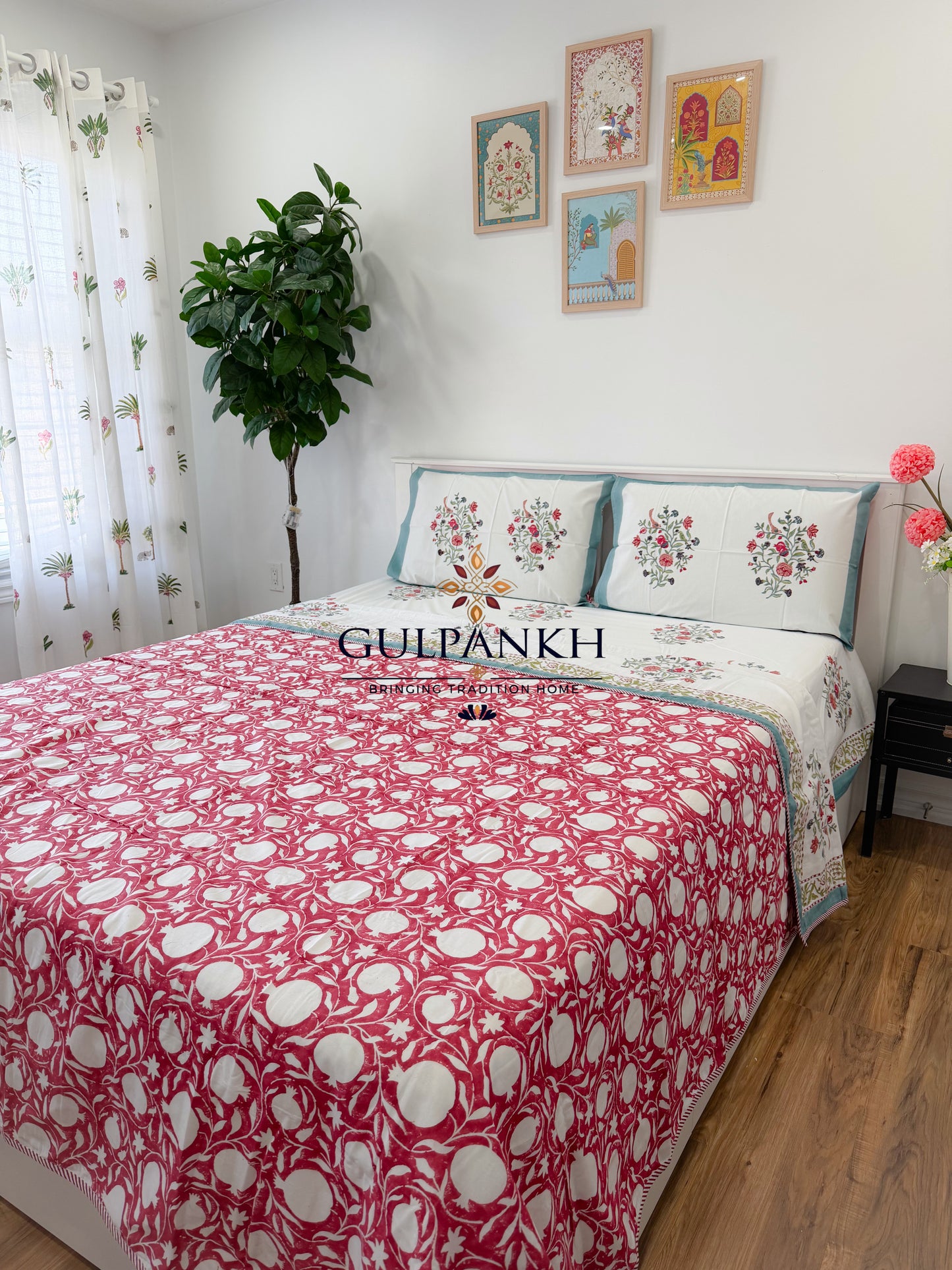 Hand Block Printed Cotton King Fitted Bedsheet with Matching Dohar - Rosé Garden | Gulpankh Canada