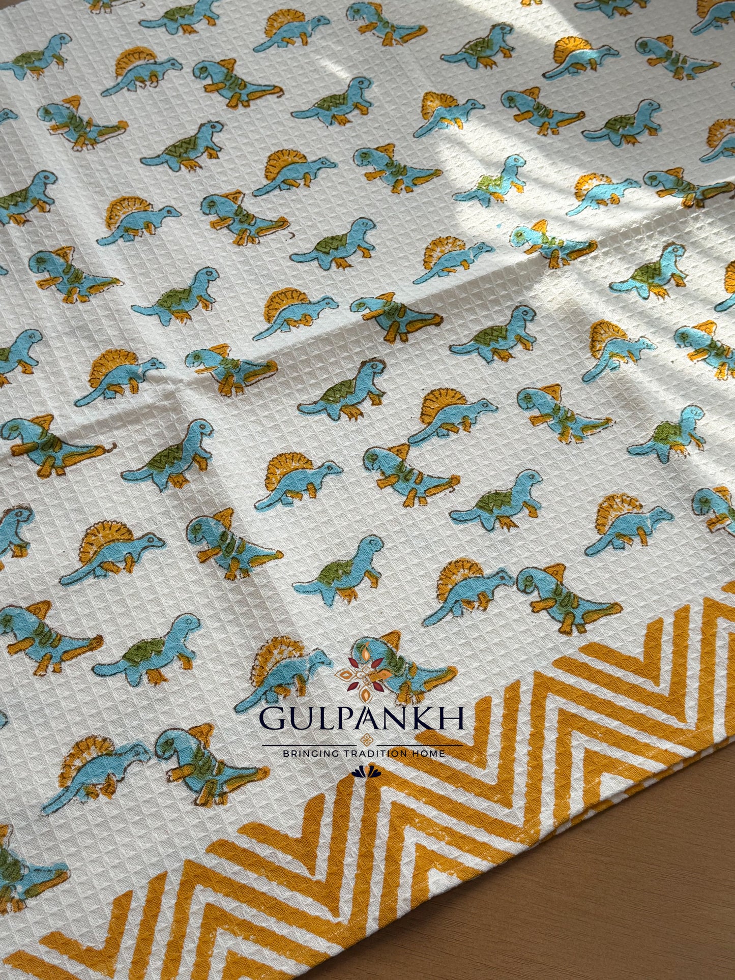 Dino Trail Hand Block Printed Waffle Cotton Towel | Gulpankh Canada