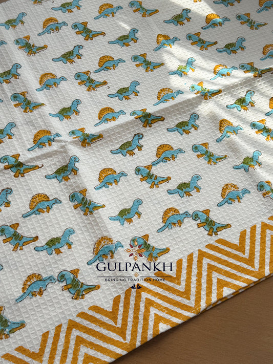 Dino Trail Hand Block Printed Waffle Cotton Towel | Gulpankh Canada
