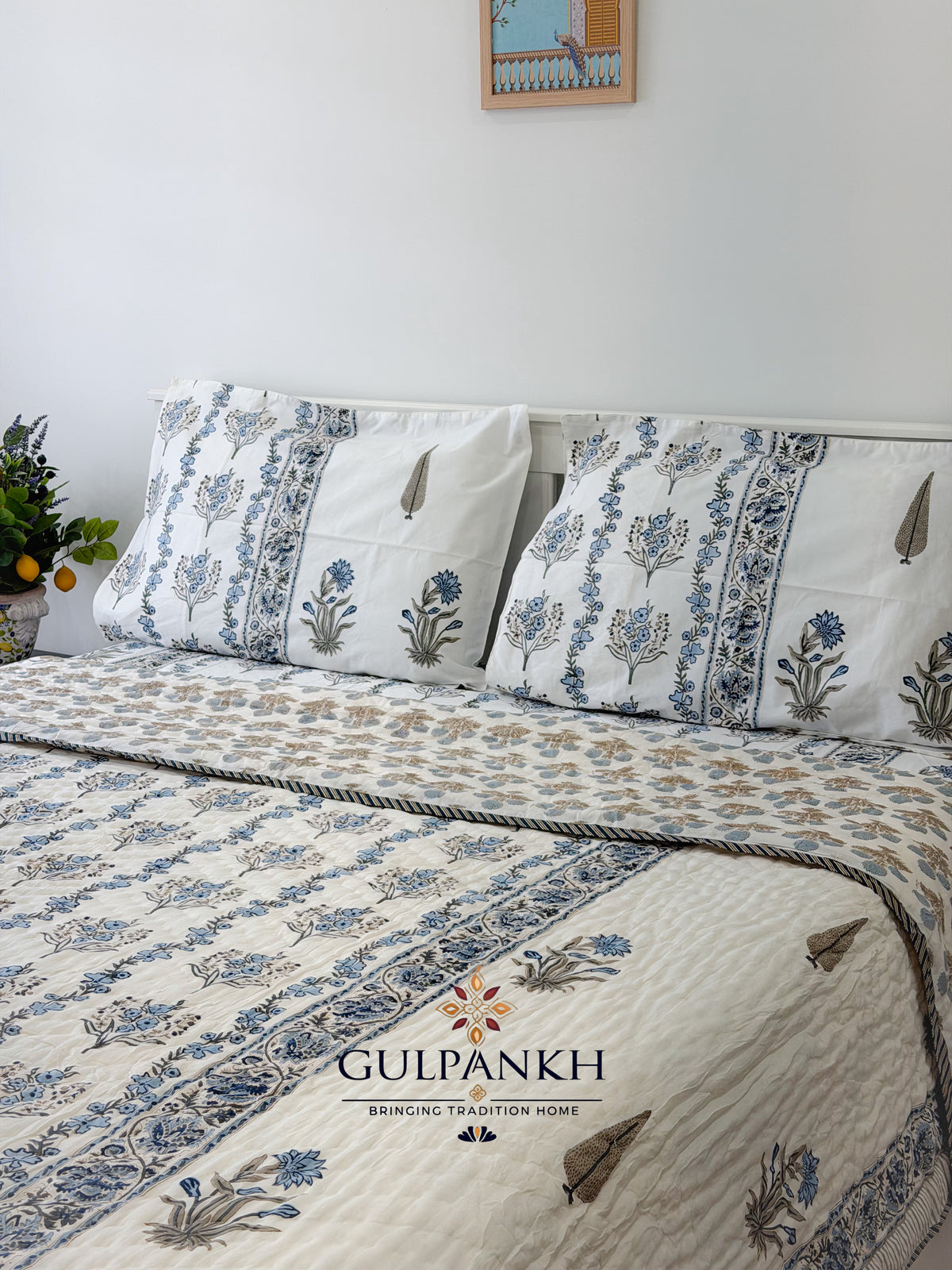 Hand Block Printed Cotton Bedding Queen Set with Quilt - Neel Aangan | Gulpankh Canada