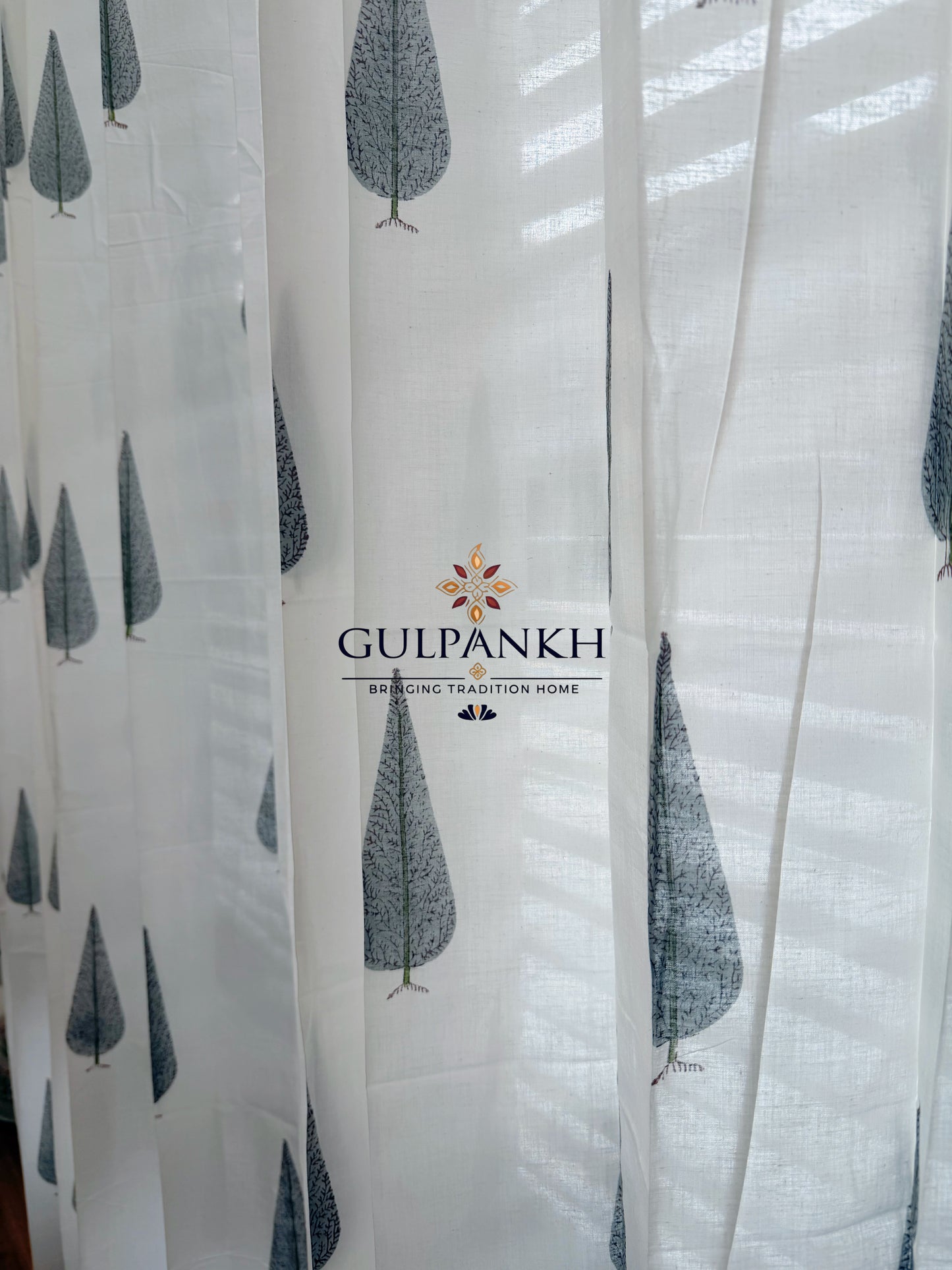 Hand Block Printed Cotton Curtains - Ivory Cypress Whisper | Gulpankh Canada
