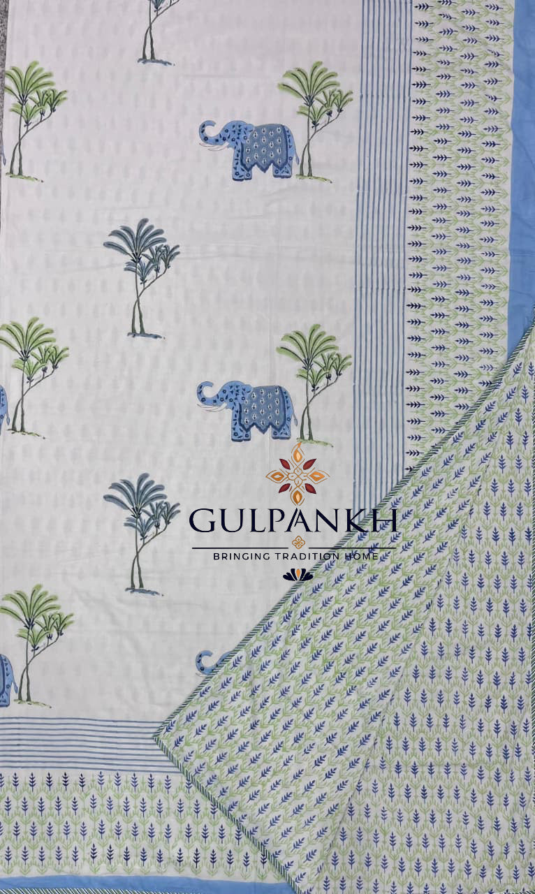 Hand Block Printed Mulmul Cotton Dohar - Royal Elephant Grove | Gulpankh Canada