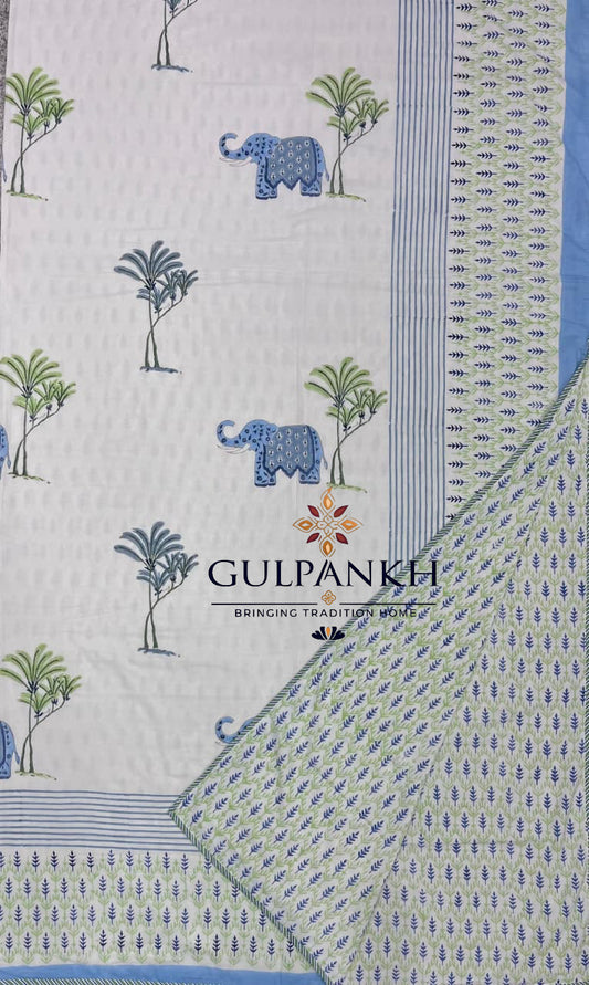 Hand Block Printed Mulmul Cotton Dohar - Royal Elephant Grove | Gulpankh Canada