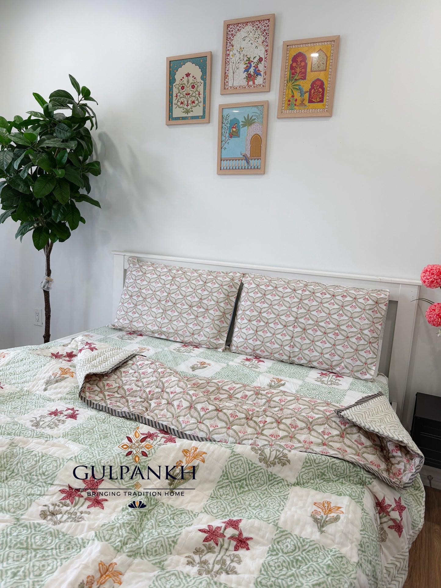 Hand Block Printed Cotton Bedding Set with Quilt - Firdaus Sage | Gulpankh Canada