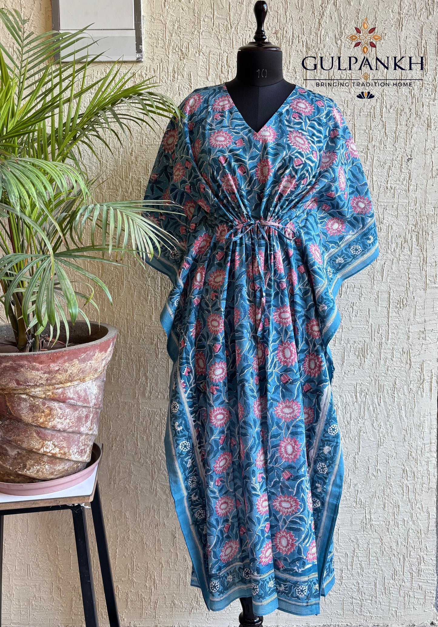 Hand Block Printed Cotton Kaftan – Rose Indigo Garden | Gulpankh Canada