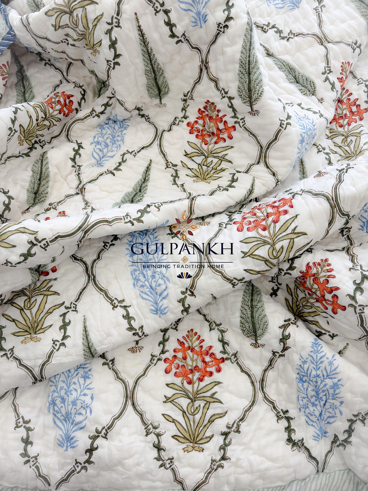 Hand Block Printed Cotton Quilt - Gulistan Courtyard | Gulpankh Canada