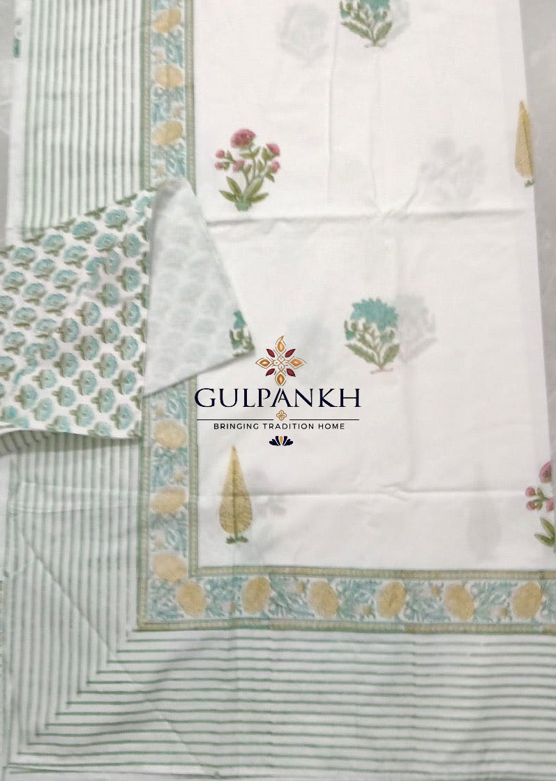 Hand Block Printed 100% Cotton King Fitted Bedsheet – Aqua Blossom Border | Gulpankh Canada