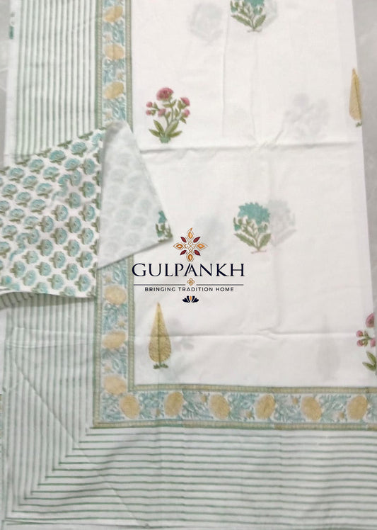 Hand Block Printed 100% Cotton King Fitted Bedsheet – Aqua Blossom Border | Gulpankh Canada