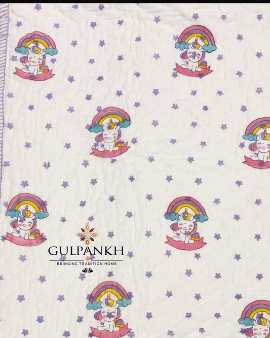 Rainbow Unicorn Kids Cotton Quilt – Hand Block Printed Kids Bedding | Gulpankh Canada