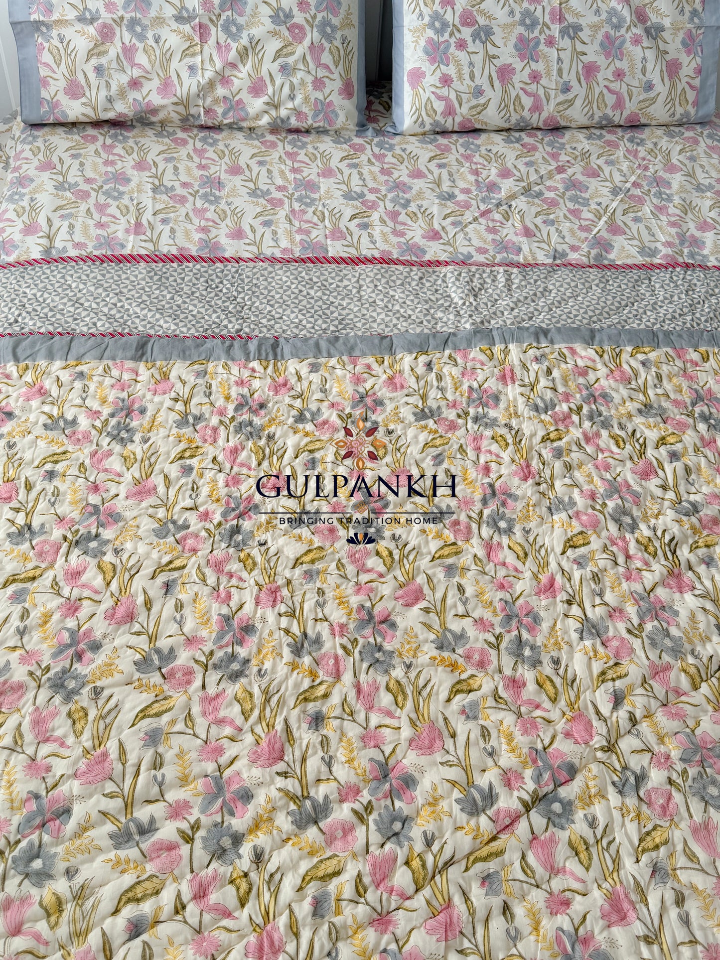 Hand Block Printed Cotton Bedding Set with Quilt - Blush Meadow Luxe | Gulpankh Canada