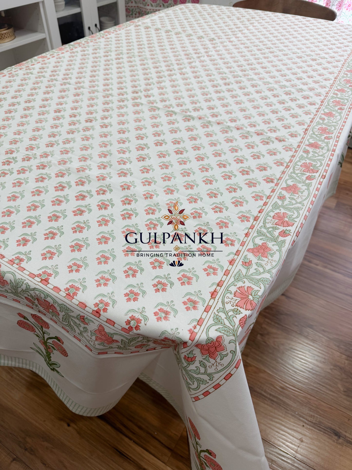 Hand Block Printed Cotton Table Cover - Peach Blossom Meadow | Gulpankh Canada