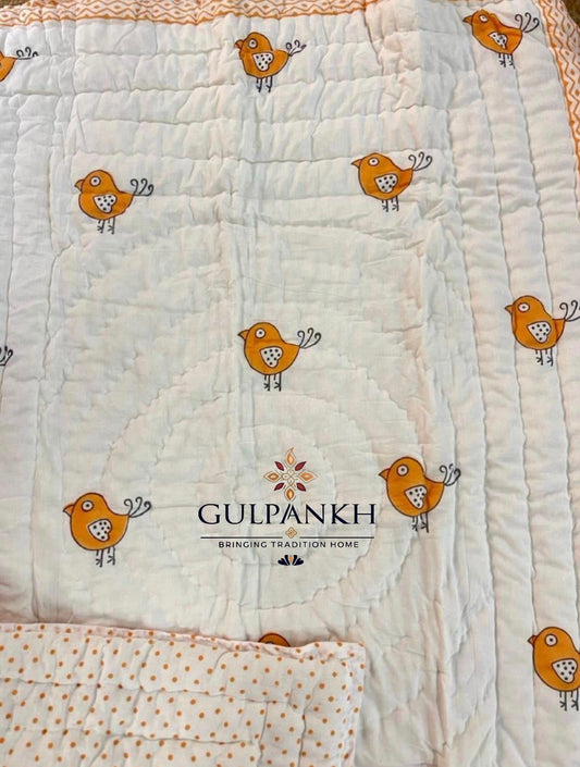 Little Chirp Baby Cotton Quilt – Hand Block Printed Baby Bedding | Gulpankh Canada