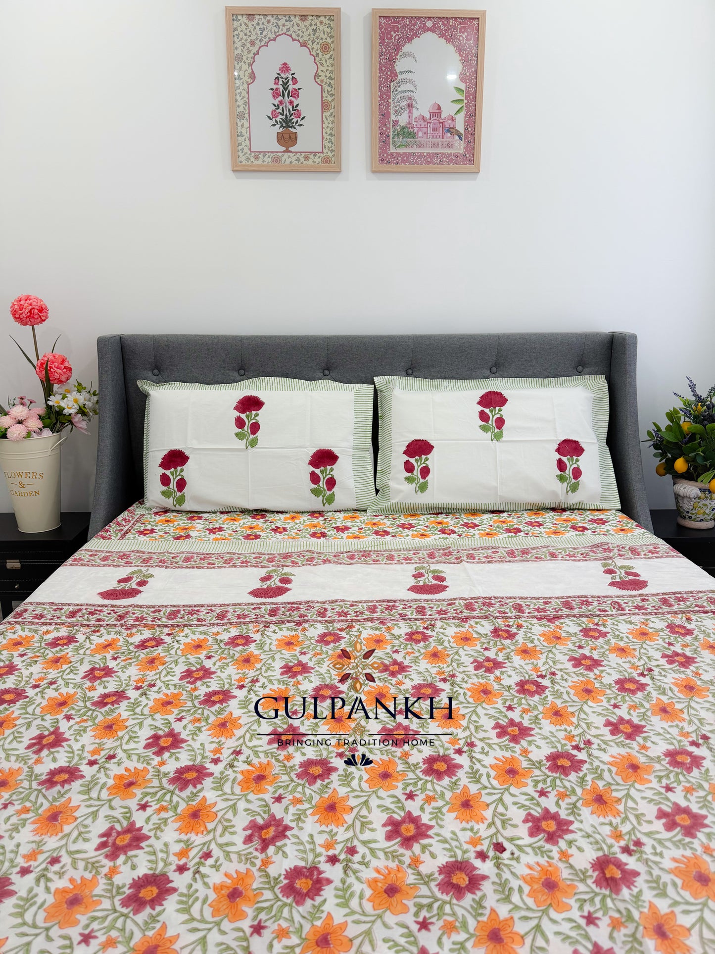 Hand Block Printed Cotton King Fitted Bedsheet with Matching Dohar -Gulbahar Garden | Gulpankh Canada