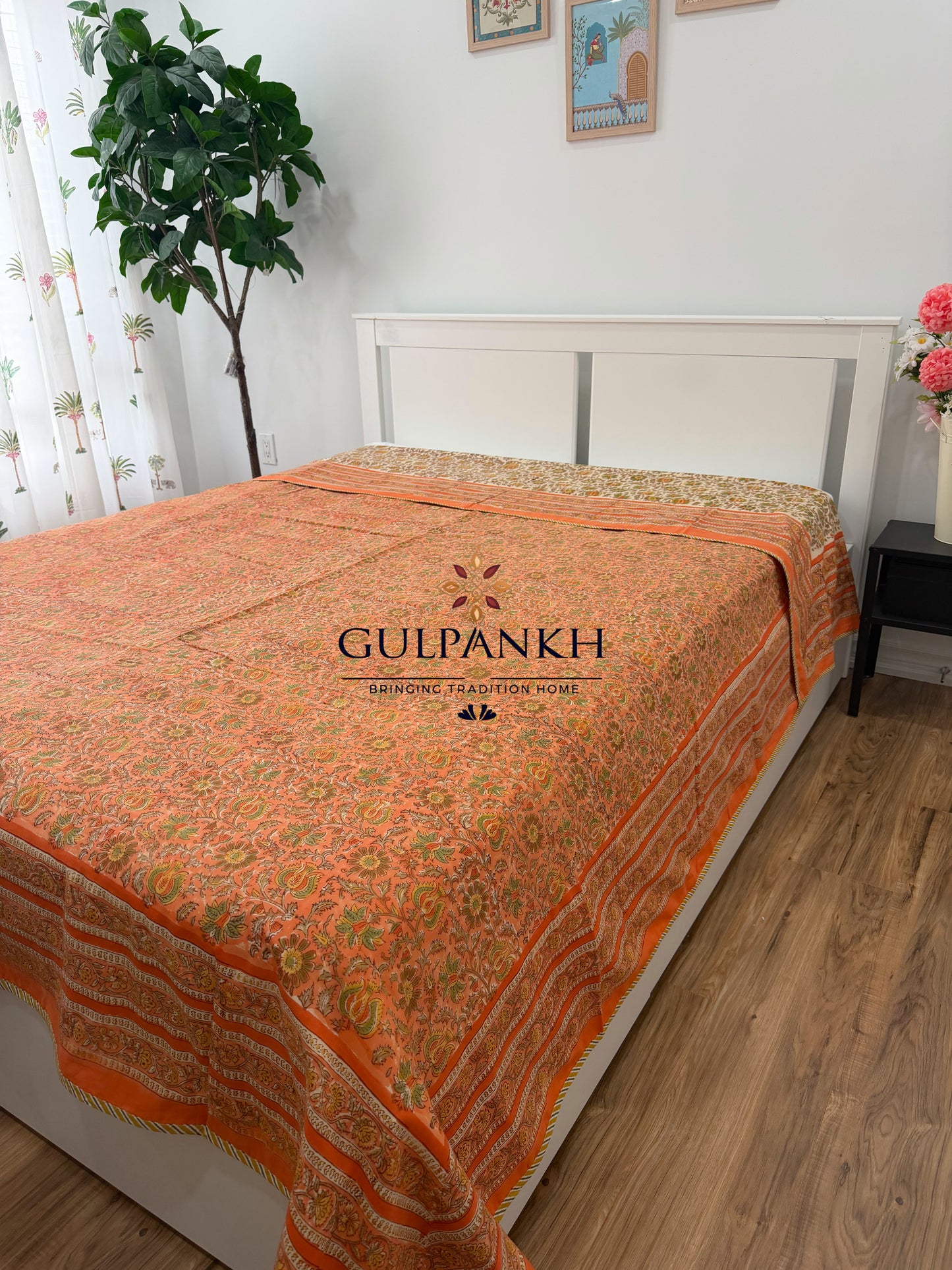 Hand Block Printed Mulmul Cotton Dohar - Coral Marigold Bloom | Gulpankh Canada