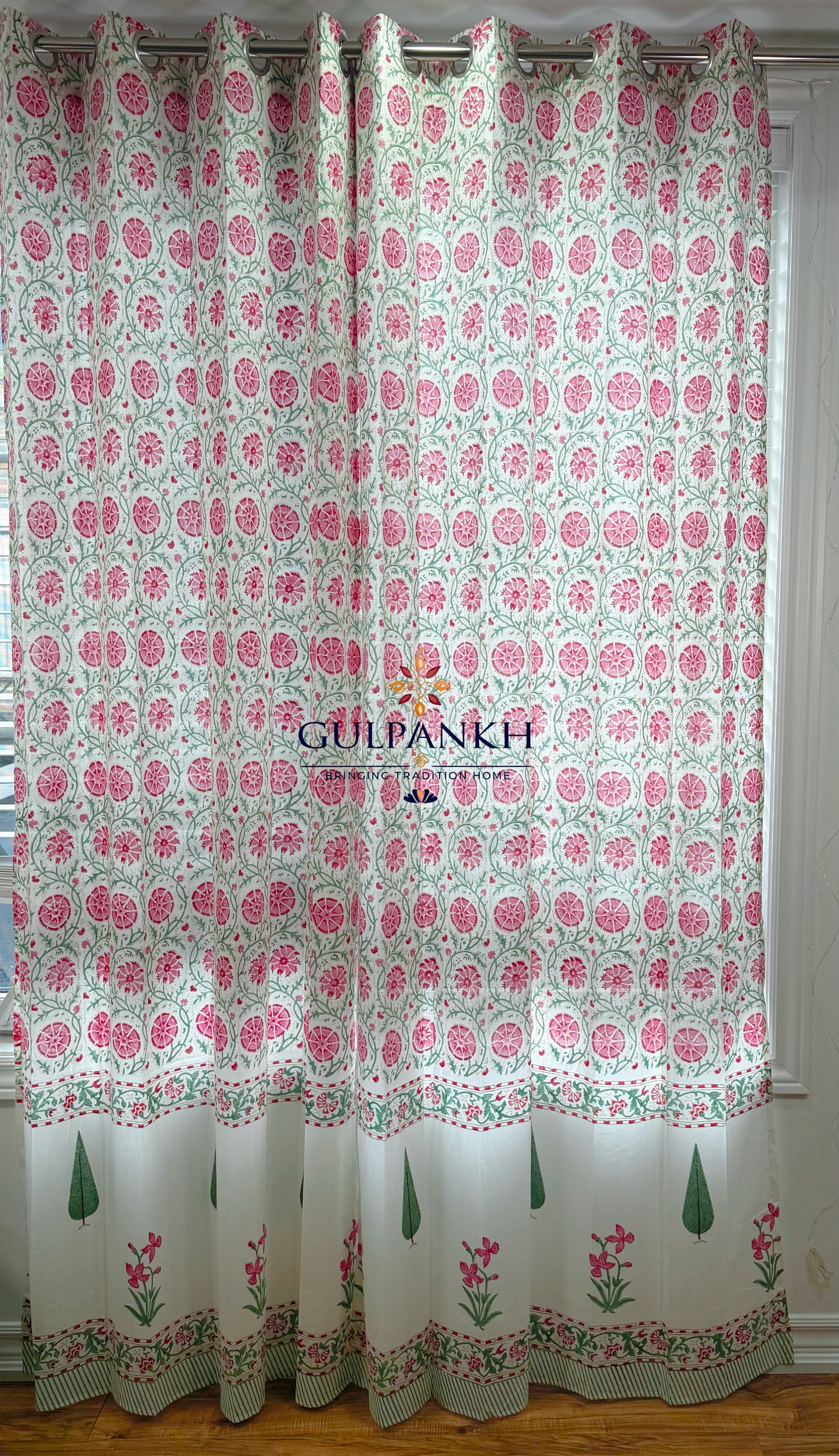 Hand Block Printed Cotton Curtains - Gul Cypress Bloom | Gulpankh Canada