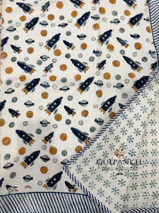 Hand Block Printed Mulmul Cotton Kids Dohar - Cosmic Rocket | Gulpankh Canada