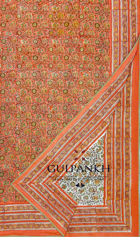 Hand Block Printed Mulmul Cotton Dohar - Coral Marigold Bloom | Gulpankh Canada