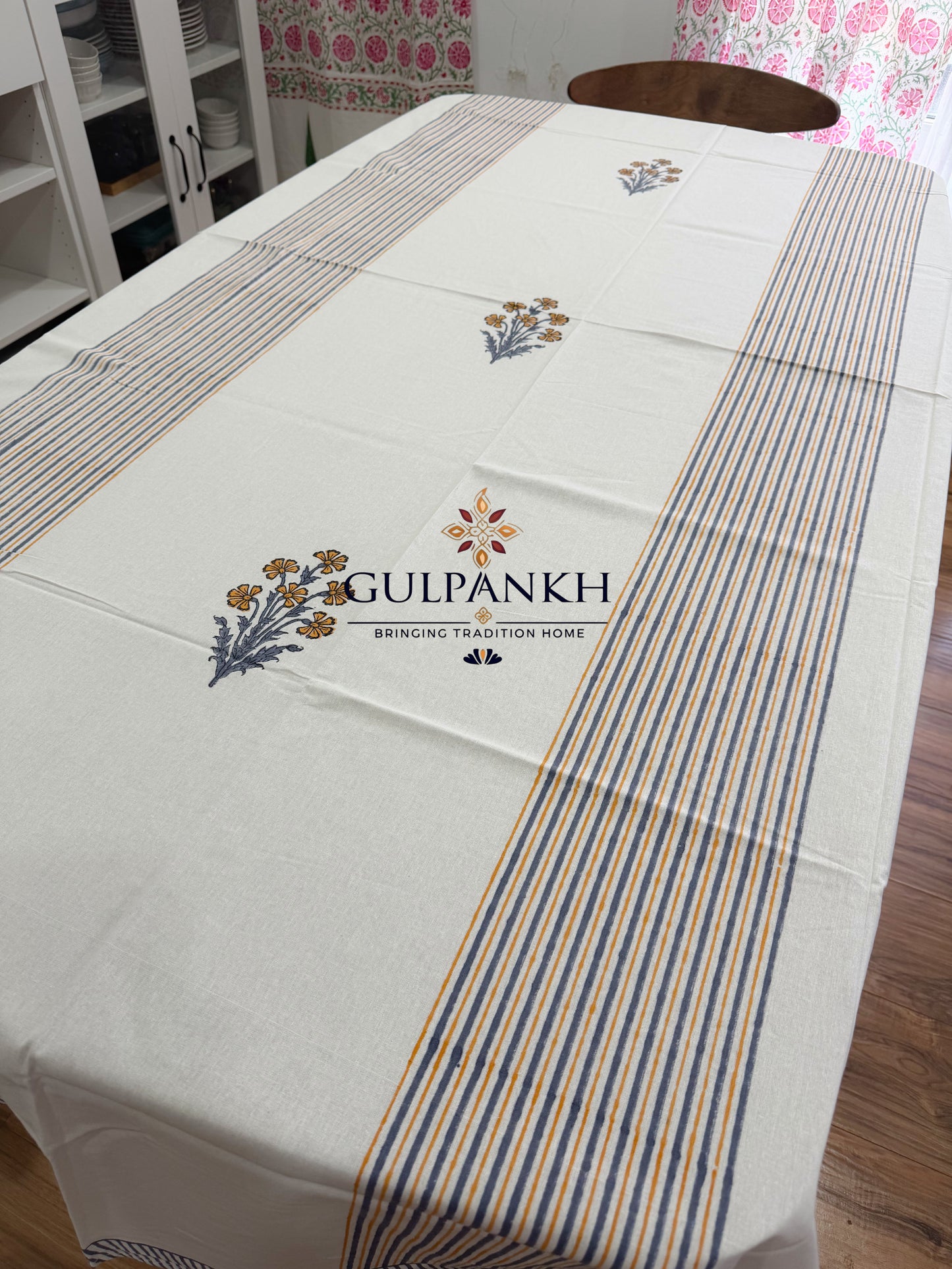 Hand Block Printed Cotton Table Cover - Golden Meadow Stripe | Gulpankh Canada