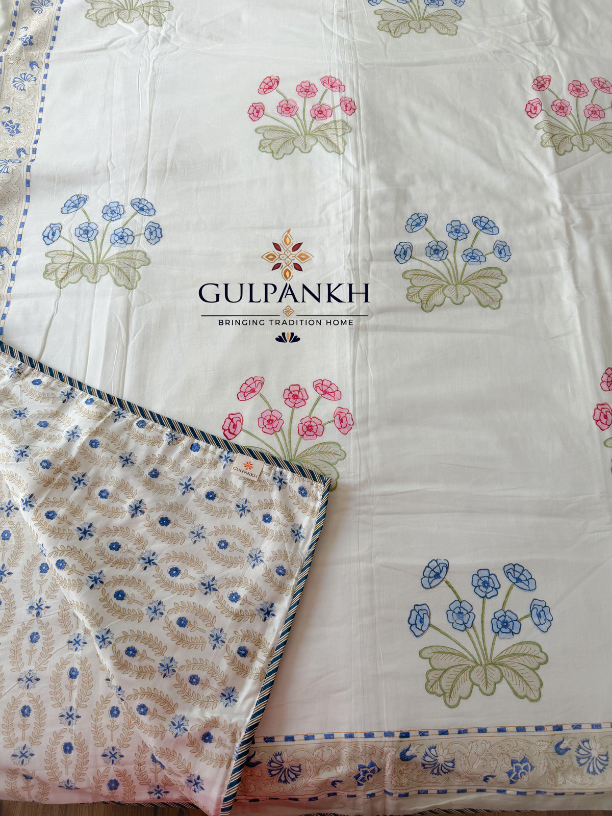 Hand Block Printed Mulmul Cotton Dohar - Neel Gulabi Bahaar | Gulpankh Canada