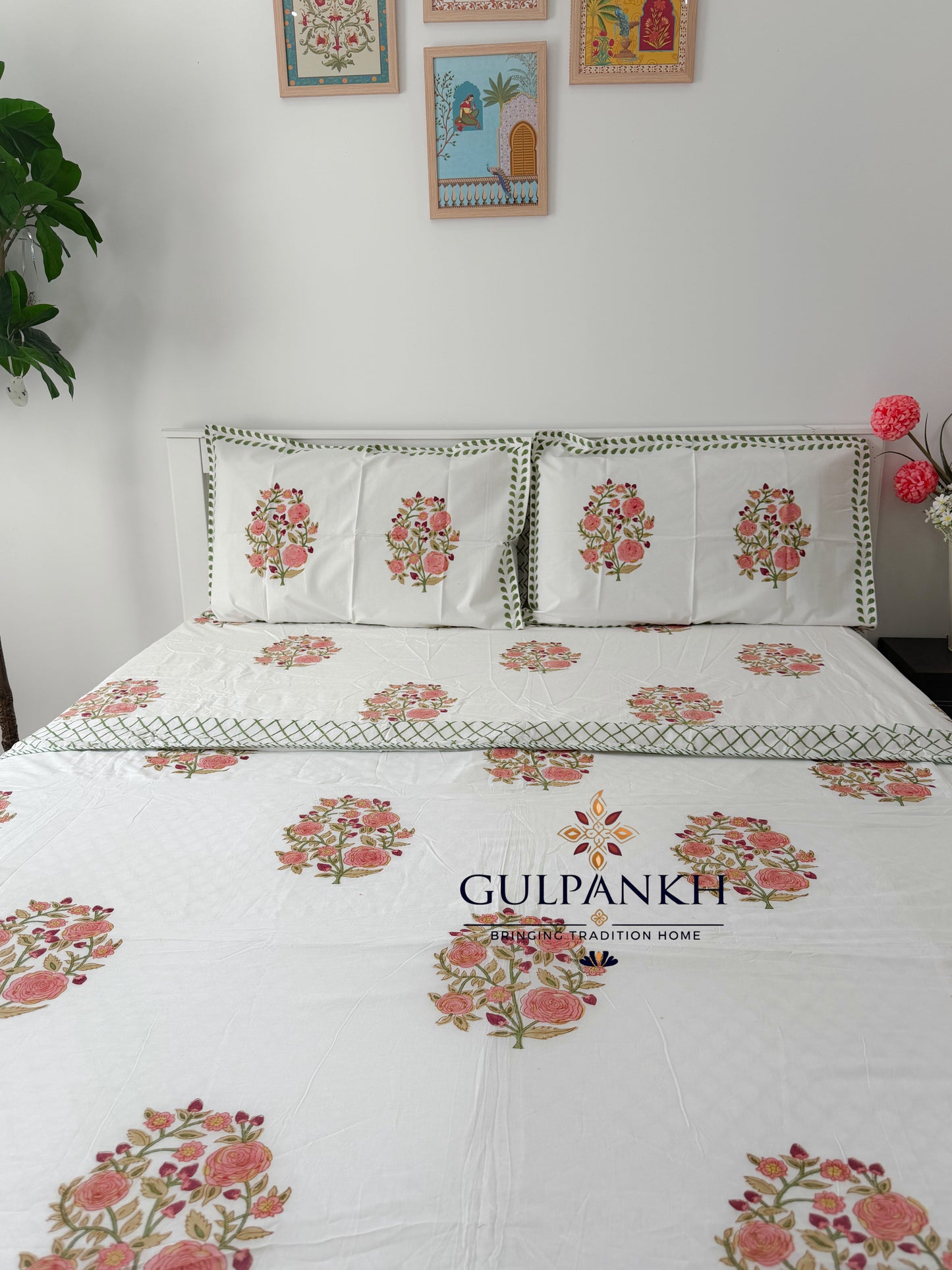 Hand Block Printed Cotton King Fitted Bedsheet with Matching Dohar - Rosewood Bloom | Gulpankh Canada